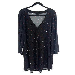 Torrid Black Feather Print Tab Sleeve V Neck Blouse Women's Plus Size 4X